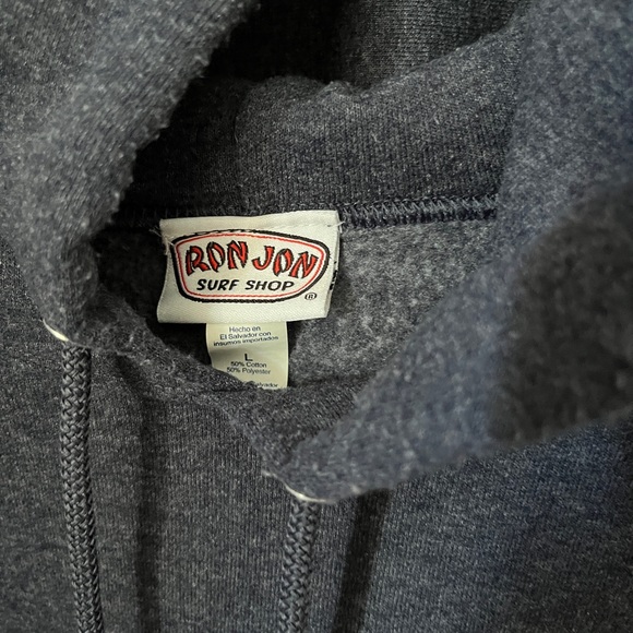 Large Ron Jon Surfboard hoodie, gray with surfboard design on back. - Picture 2 of 3
